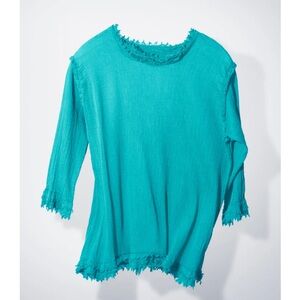Issey Miyake Me OS “Notched see through Crepe” teal 3/4 sleeve blouse